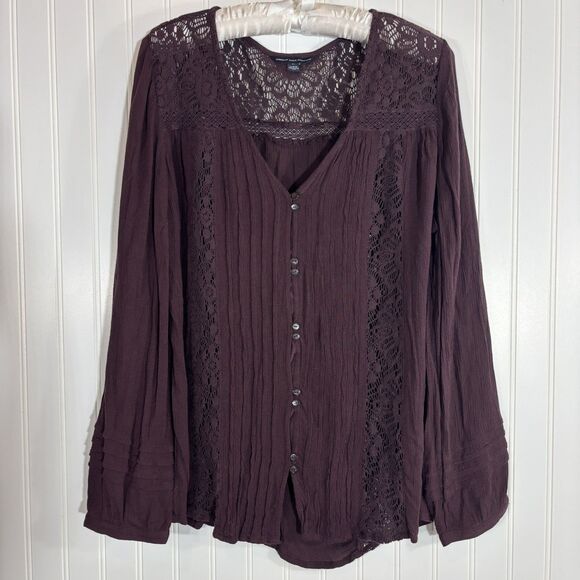 American Eagle Outfitters Tops - American Eagle Womens Purple Tunic Size L Crochet Lace Boho Fairy Sheer Flowy
